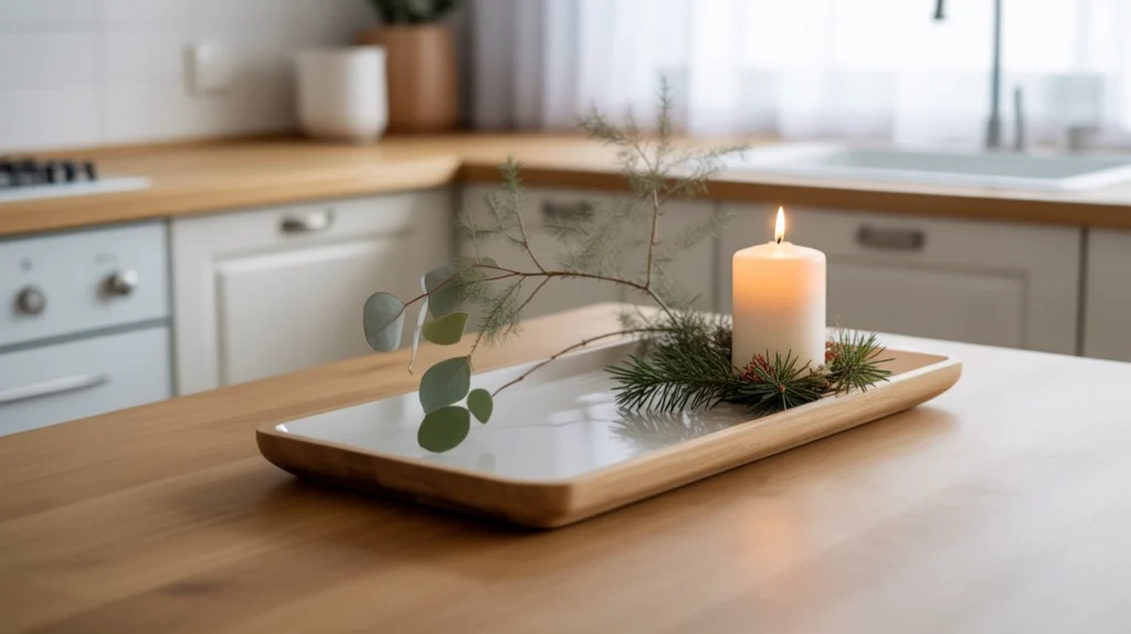 minimal christmas tray with eucalyptus greenery and a single candle for clean modern holiday styling