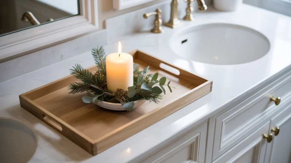 blue holiday soap bars and seasonal dispenser on clean vanity counter