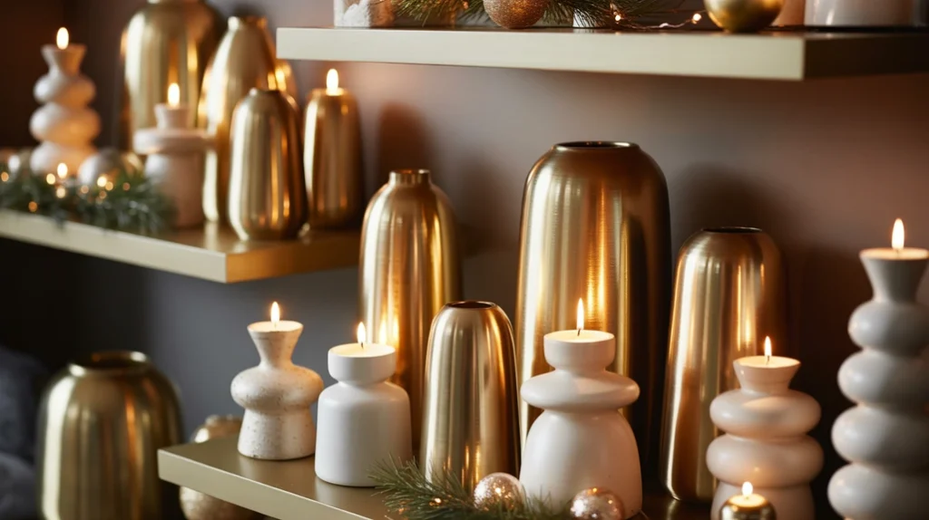Metallic and matte finish Christmas shelf decor with gold and ceramic accents
