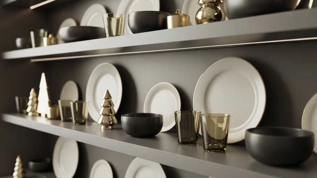 Modern Christmas kitchen tableware display with neutral mugs, dishes, and gold details