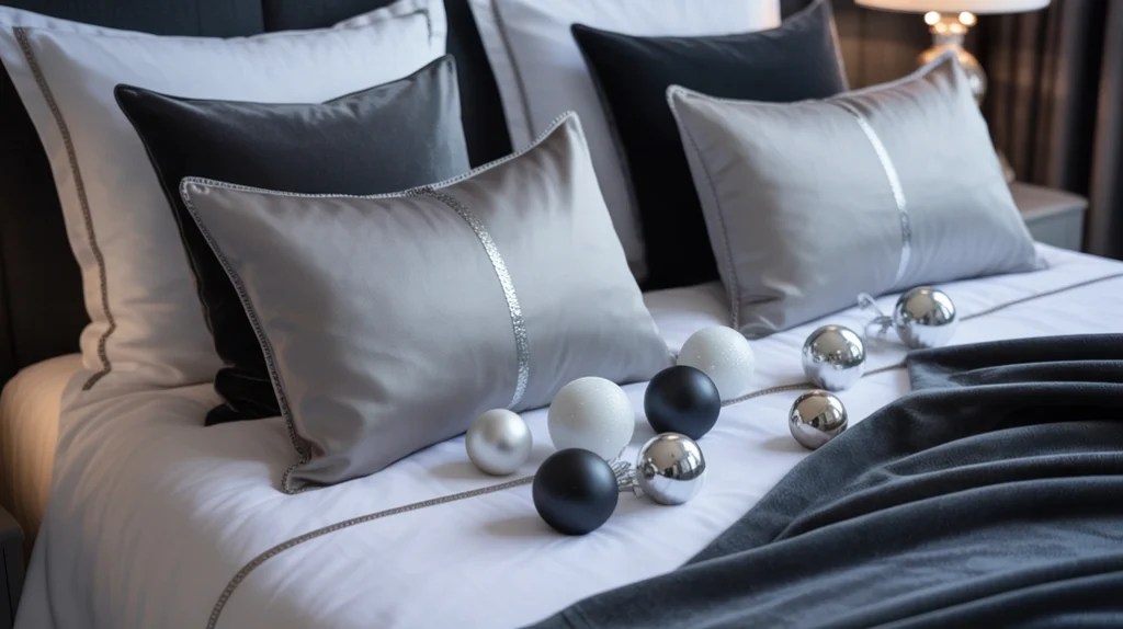 Black, white, and gray monochrome color palette styled for a modern Christmas holiday bedroom
