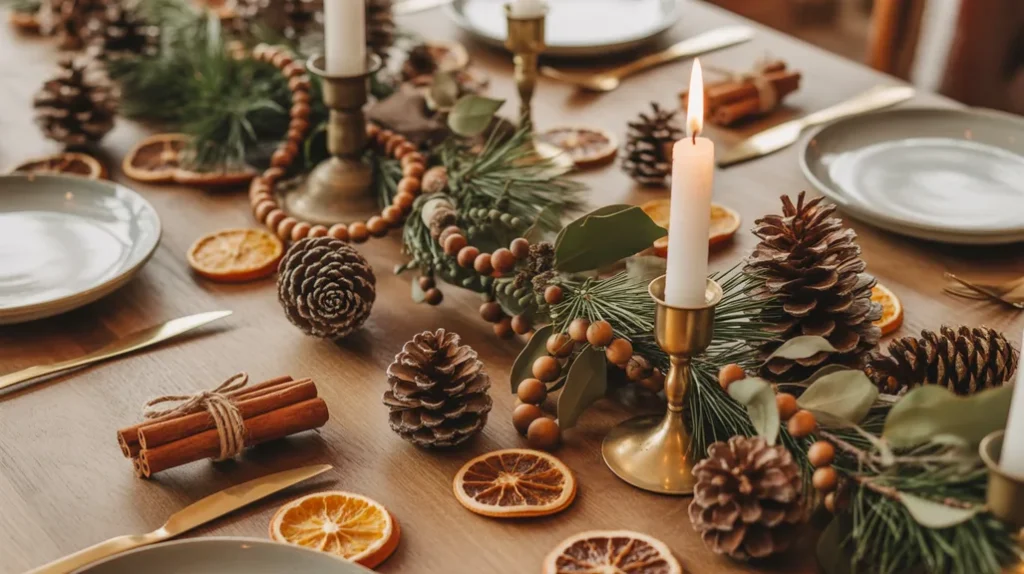 Natural Christmas table décor with pinecones, dried oranges, cinnamon, and rustic details