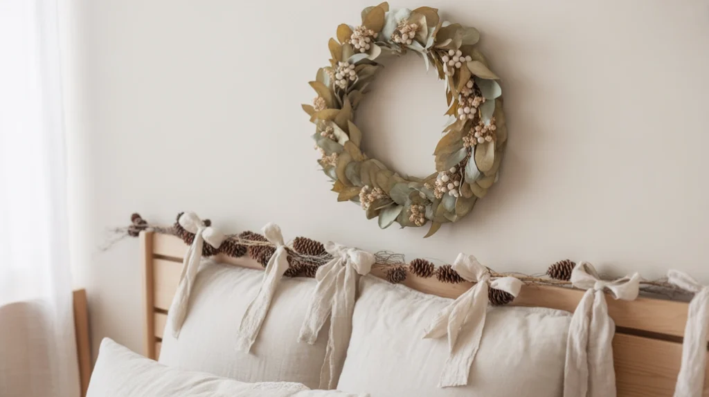 simple neutral Christmas wreath with dried leaves and pinecones for natural festive decor