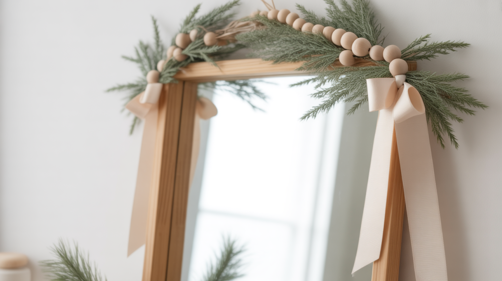 minimal neutral Christmas accents around bathroom mirror in Scandinavian winter style