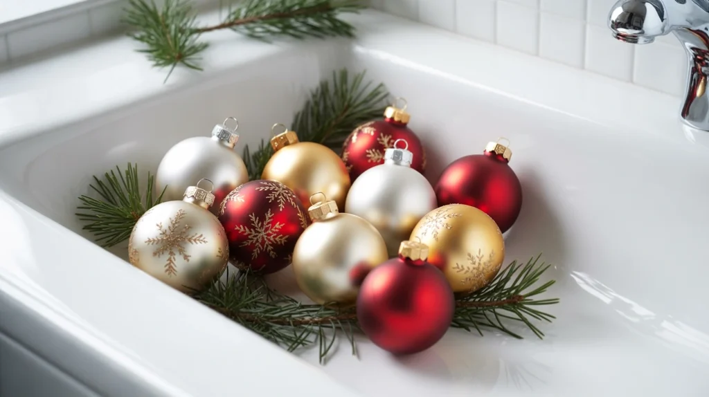 classic christmas ornaments in red, gold, and white displayed in a bathroom tray