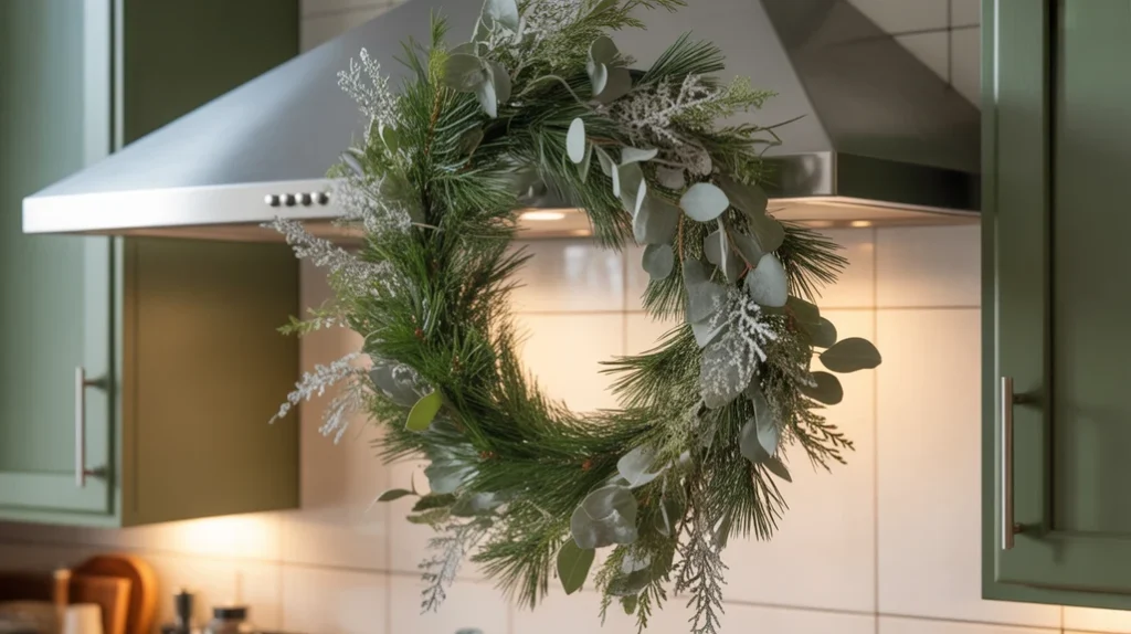 Large wreath with pine and cedar greenery hanging on a kitchen range hood