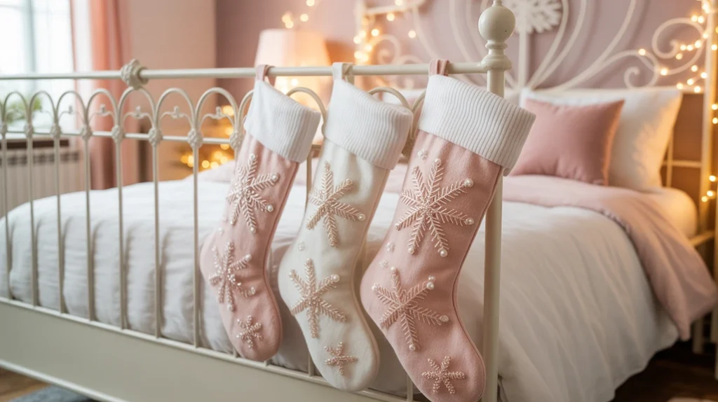 Pastel pink and white Christmas stockings hanging on bedframe with sequined details