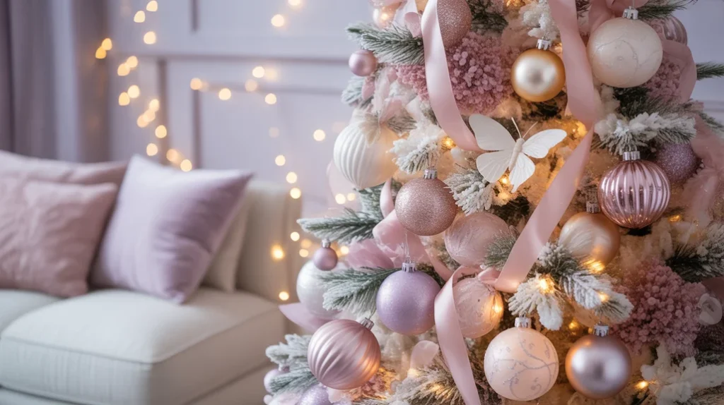 Pastel fairy-tale Christmas tree with ribbons, butterflies, and sparkling lights
