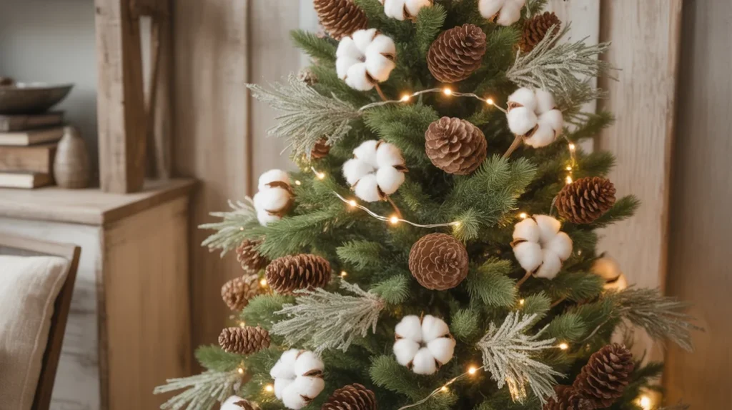 Farmhouse tree decorated with pinecones, cotton stems, and simple lights for natural holiday elegance.