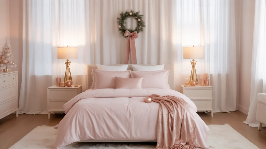 pink and white Christmas bedroom with soft bedding and white curtains for clean modern festive style