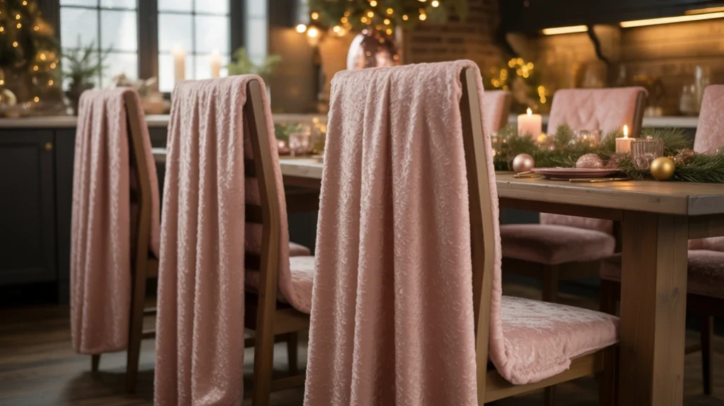 Pink chair covers creating a soft glam holiday dining nook with elegant Christmas decor