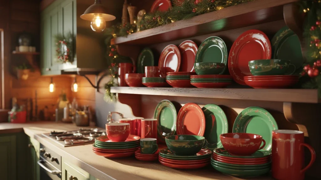 Kitchen shelves displaying red and green holiday mugs and dishes for a coordinated Christmas kitchen design.