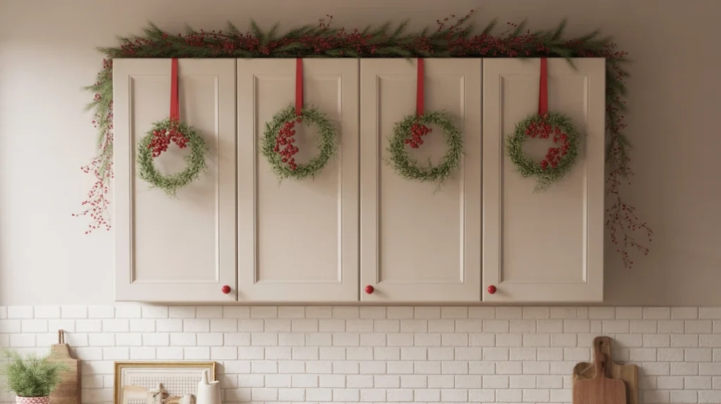 Cabinets decorated with holly berries, greenery sprigs, and small red bows for classic Christmas kitchen style