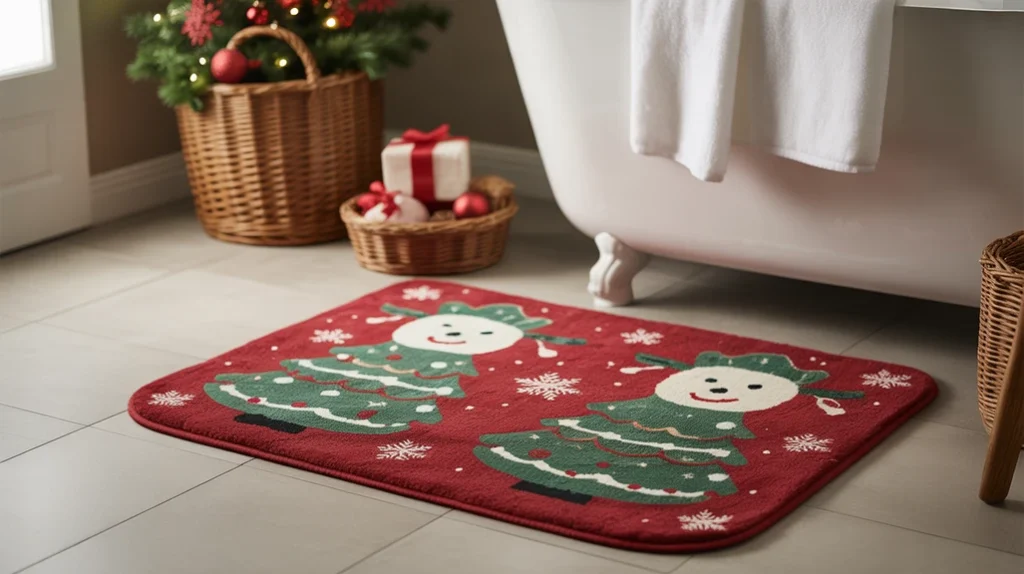 red or green bath rug bringing cozy seasonal warmth to the bathroom floor