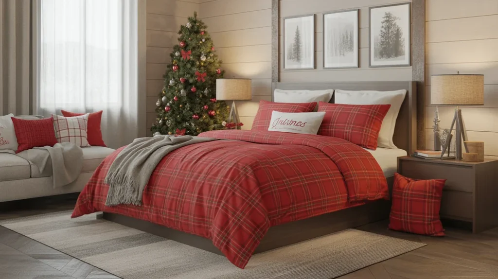 : rustic red plaid bedding and pillows in cozy christmas bedroom with warm cabin holiday decor