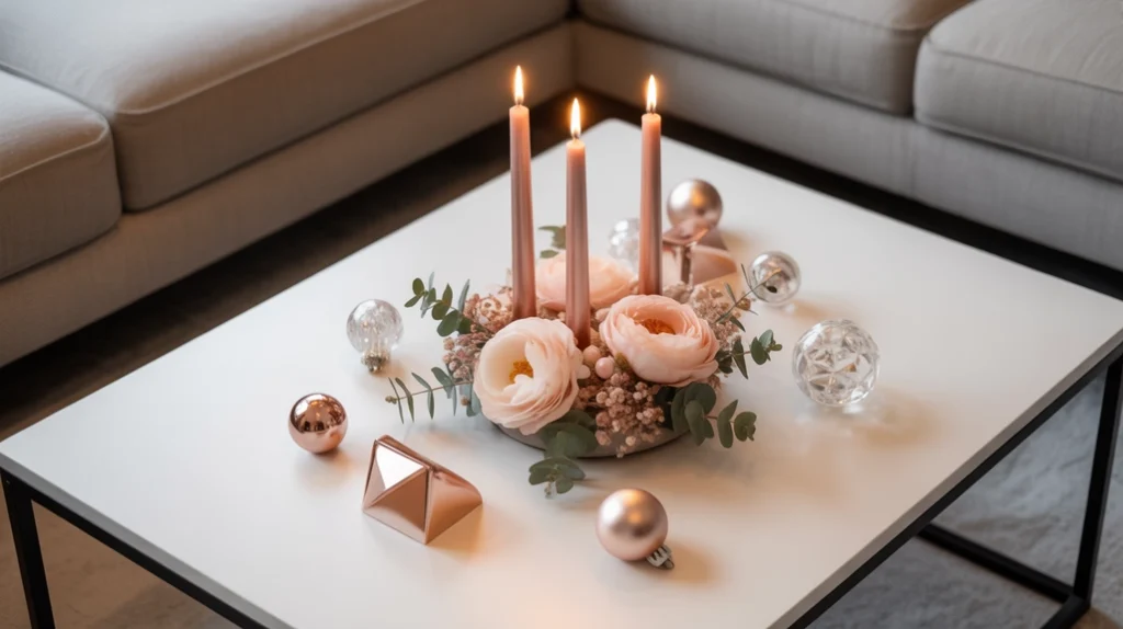 Minimal coffee table decorated with rose gold candles, pinecones, and blush floral centerpiece for chic holiday vibes.
