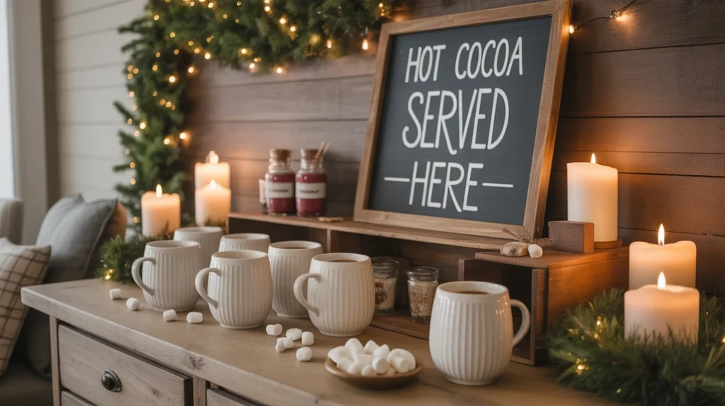 farmhouse coffee bar setup with mugs, cocoa jars, garland, and christmas decorations