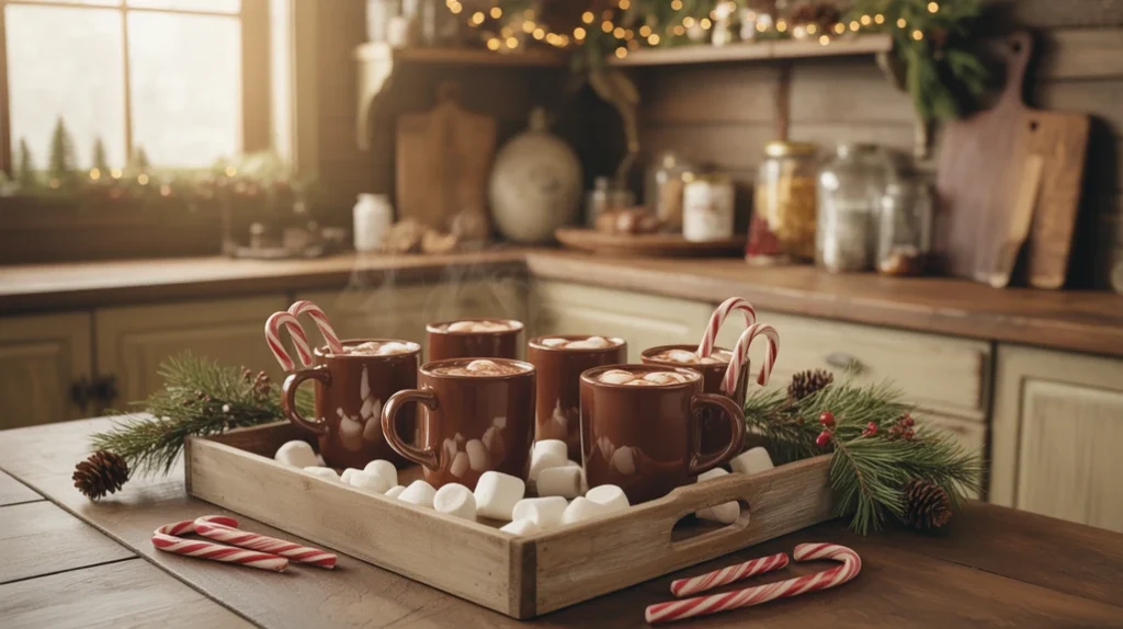 rustic hot cocoa bar with mugs, marshmallows, and wood tray in country christmas kitchen