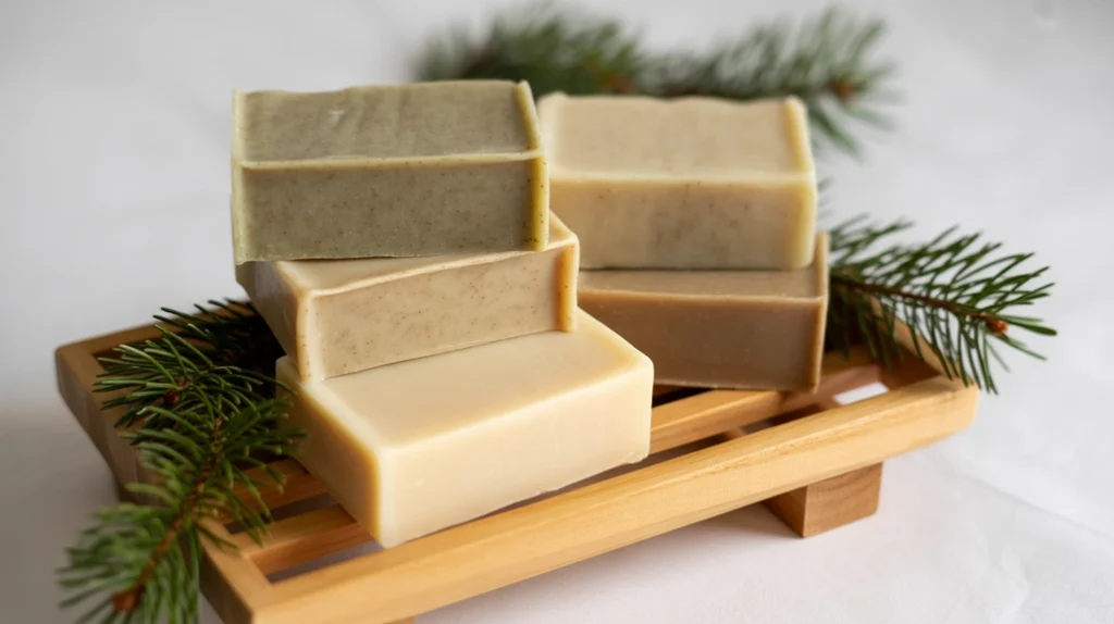 Rustic handmade soap bars displayed for natural Christmas bathroom décor with wood and greenery.