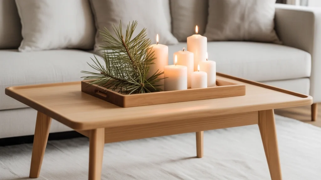 Scandinavian minimalist Christmas coffee table with white candles and natural wood tones”