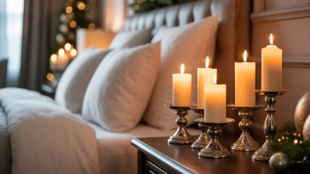 silver candle holders with glowing candles adding festive light to elegant holiday bedroom design