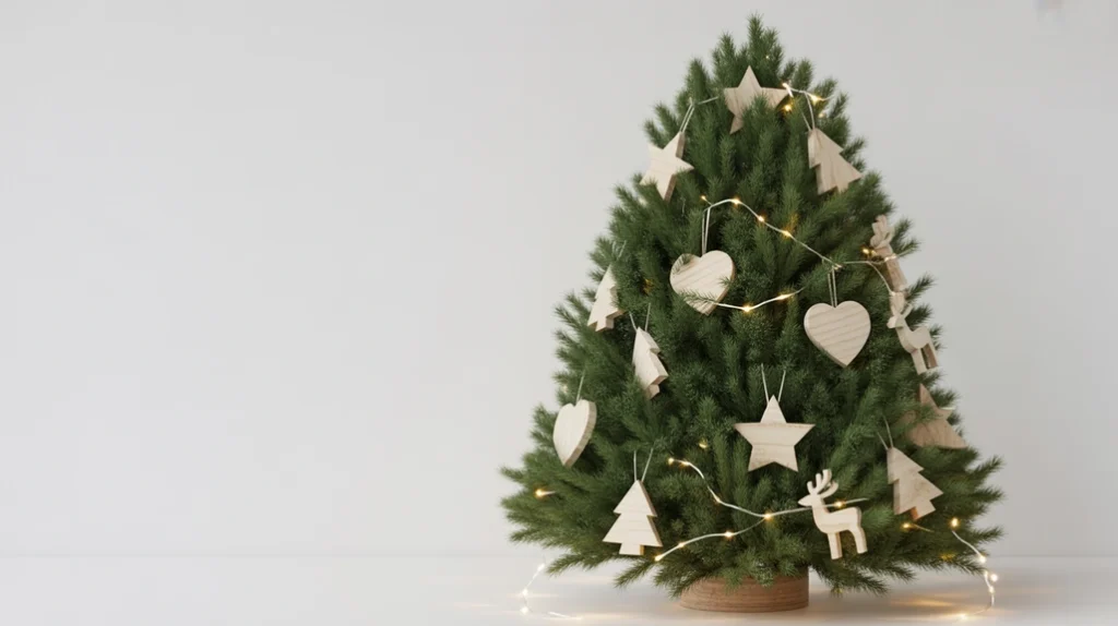 Small Christmas tree with wooden ornaments styled in calm minimalist holiday bedroom