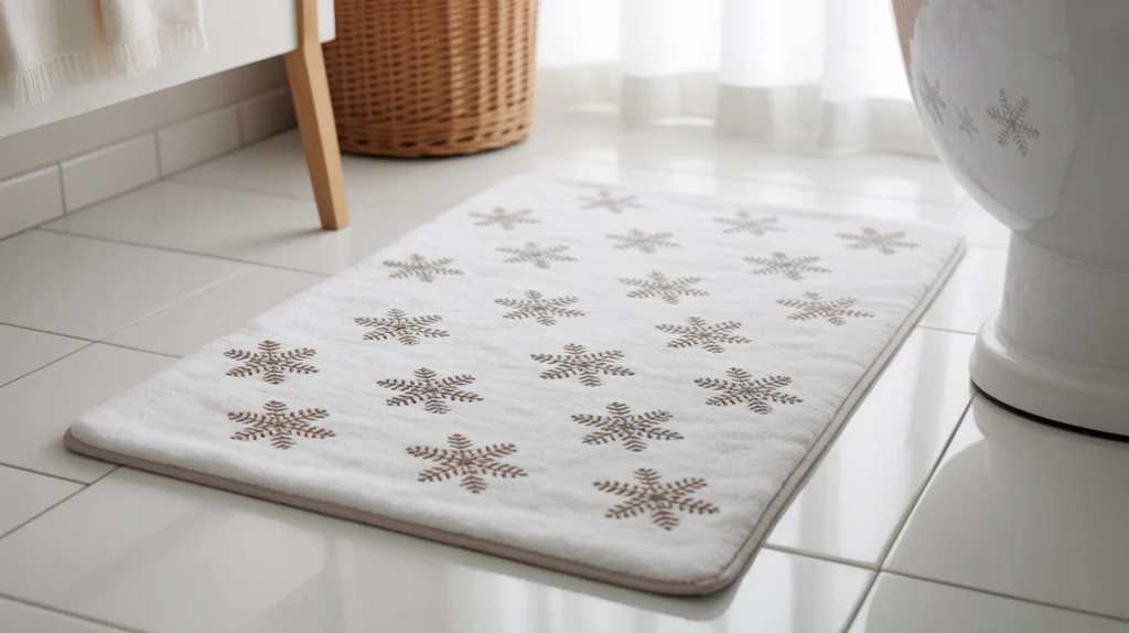 snowflake-pattern bath mat adding soft winter comfort to a white bathroom