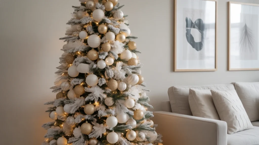 Soft glow Christmas tree with warm lights and neutral ornaments for Scandinavian style
