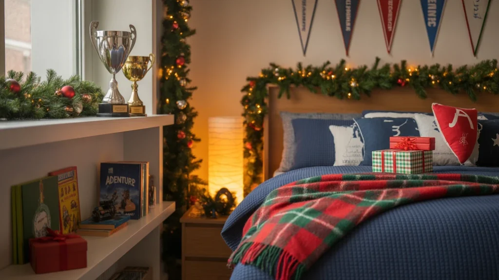 Sports-themed boys Christmas bedroom decorated with trophies, ornaments, and garlands for a personal touch