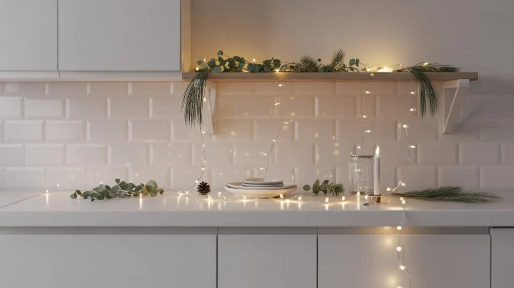 Warm fairy lights draped along kitchen counter and backsplash with greenery for subtle festive kitchen lighting
