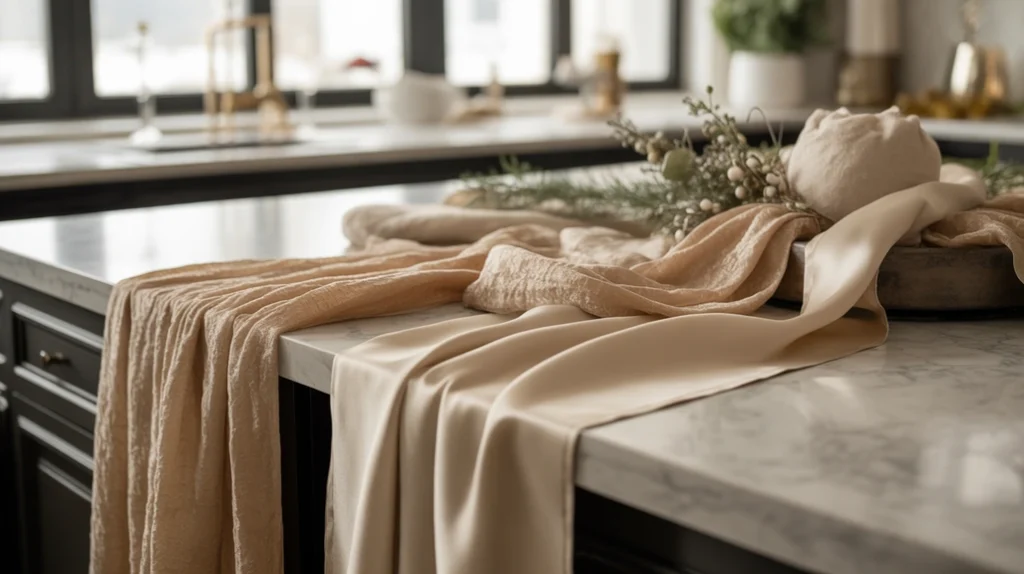 velvet ribbons and satin table runners adding soft luxury to elegant christmas kitchen decor
