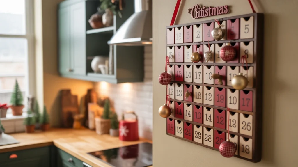 Vintage Advent calendar hanging on a cozy kitchen wall with small drawers and Christmas ornaments.