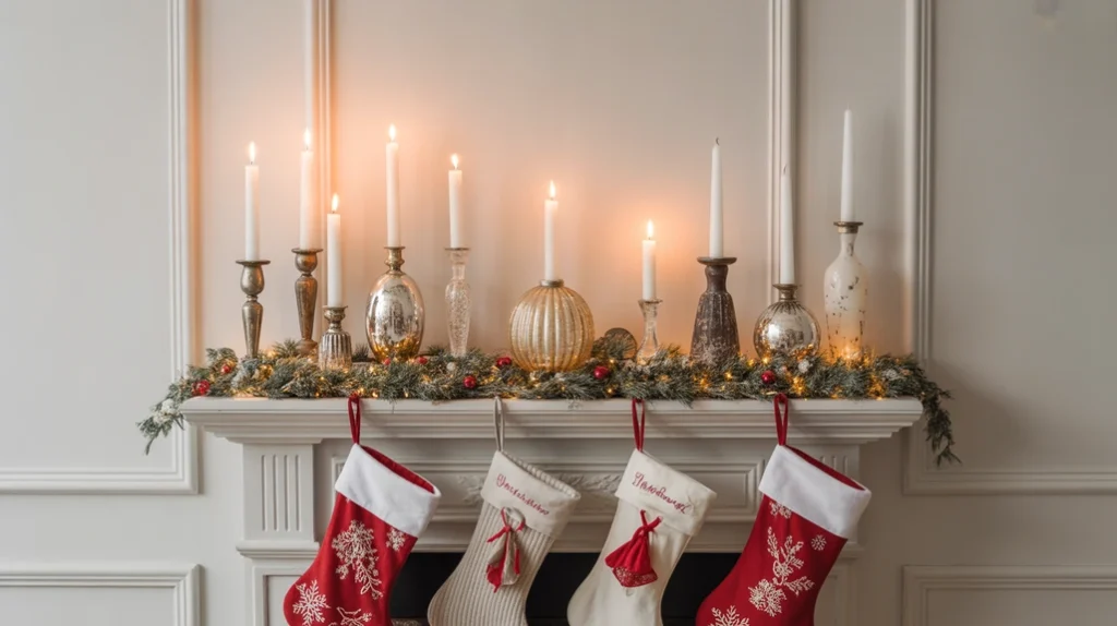 Boho-inspired Christmas fireplace decor with macramé garlands and woven textures