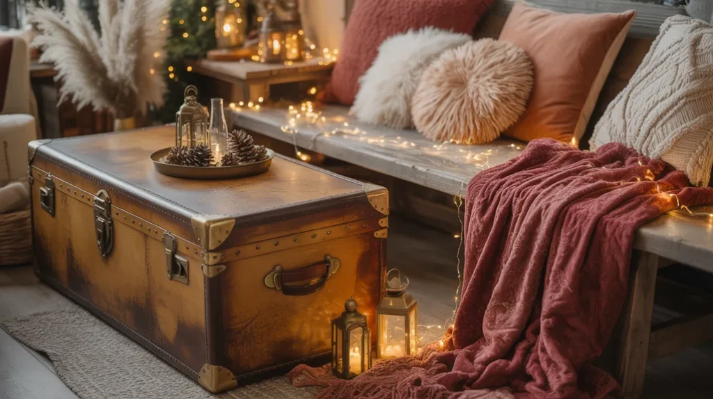 Vintage wooden trunk and bench adding warm nostalgic charm to bohemian Christmas bedroom ideas