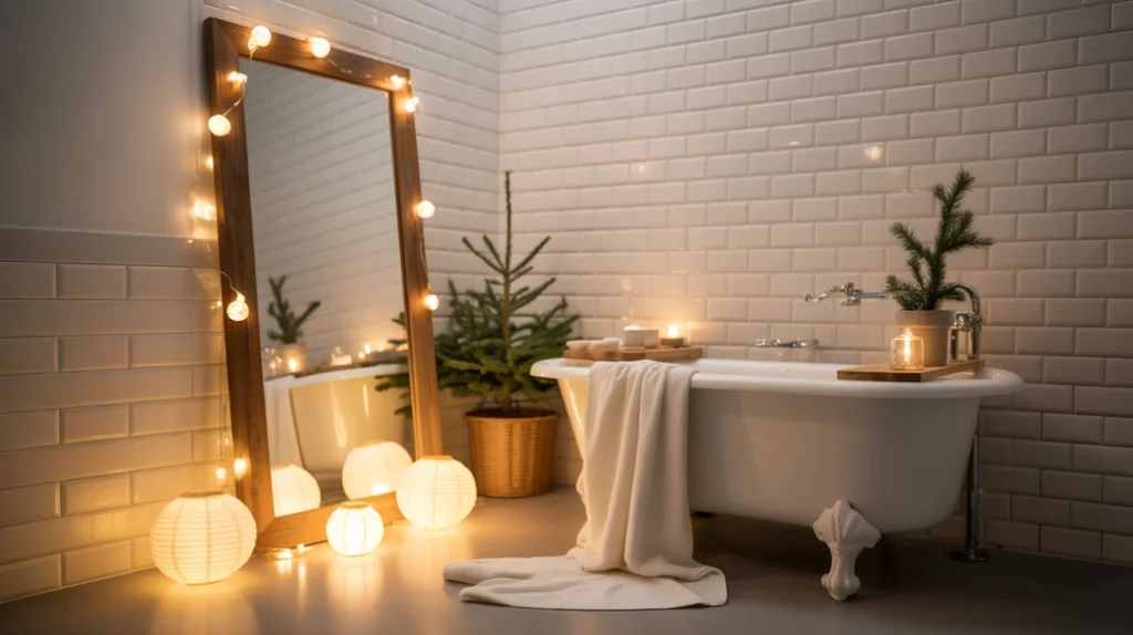 Warm hygge-inspired lighting creating a cozy Nordic Christmas atmosphere in a winter bathroom.