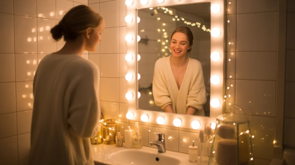 Warm white string lights creating a soft Hygge Christmas glow in a cozy winter bathroom.