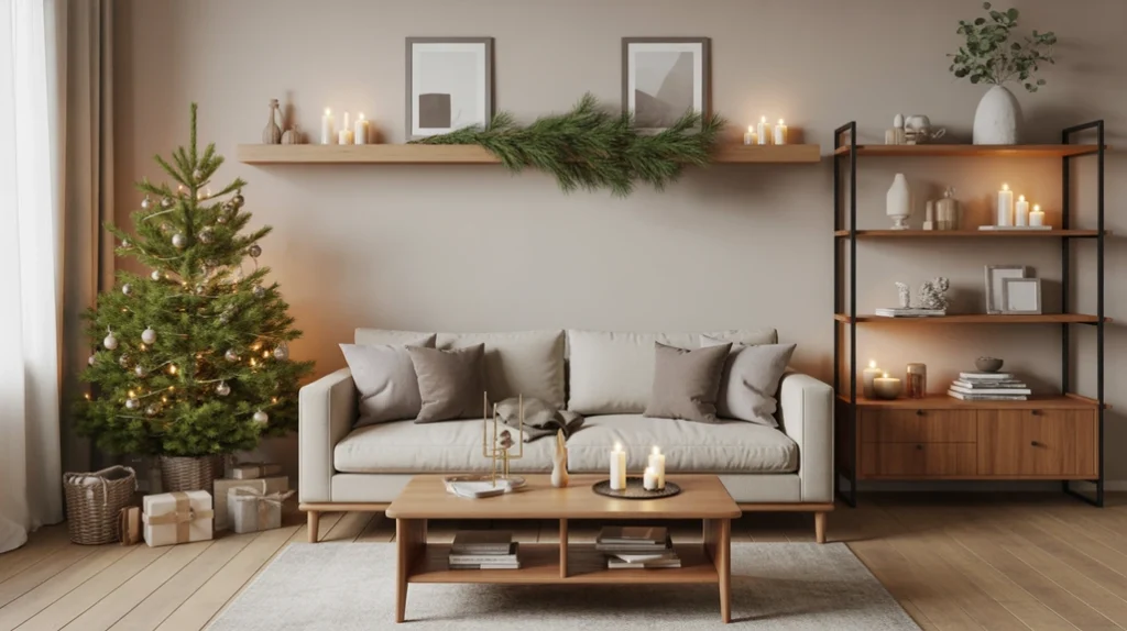 “Modern minimalist Christmas living room with warm wood accents, natural textures, and Scandinavian Christmas charm.”