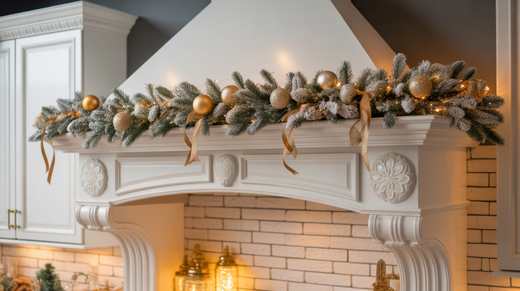 White garland with gold ornaments draped across a kitchen range hood for a sophisticated Christmas kitchen accent.