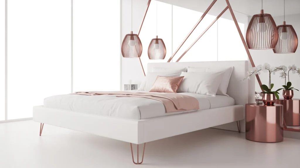 modern white and rose gold Christmas bedroom combining bright neutrals with warm metallic decor