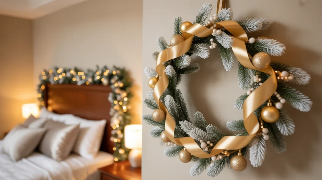 White and gold Christmas garland with ribbon and ornaments styled above a cozy bed.