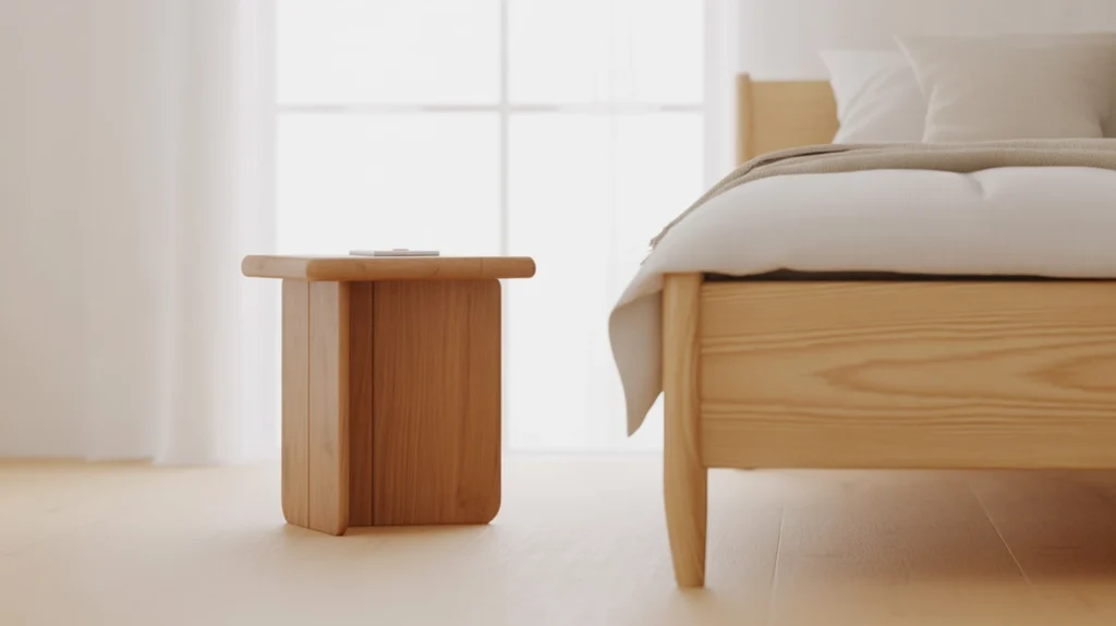 Light oak furniture and pine accents bringing warmth to minimalist Scandinavian bedroom decor