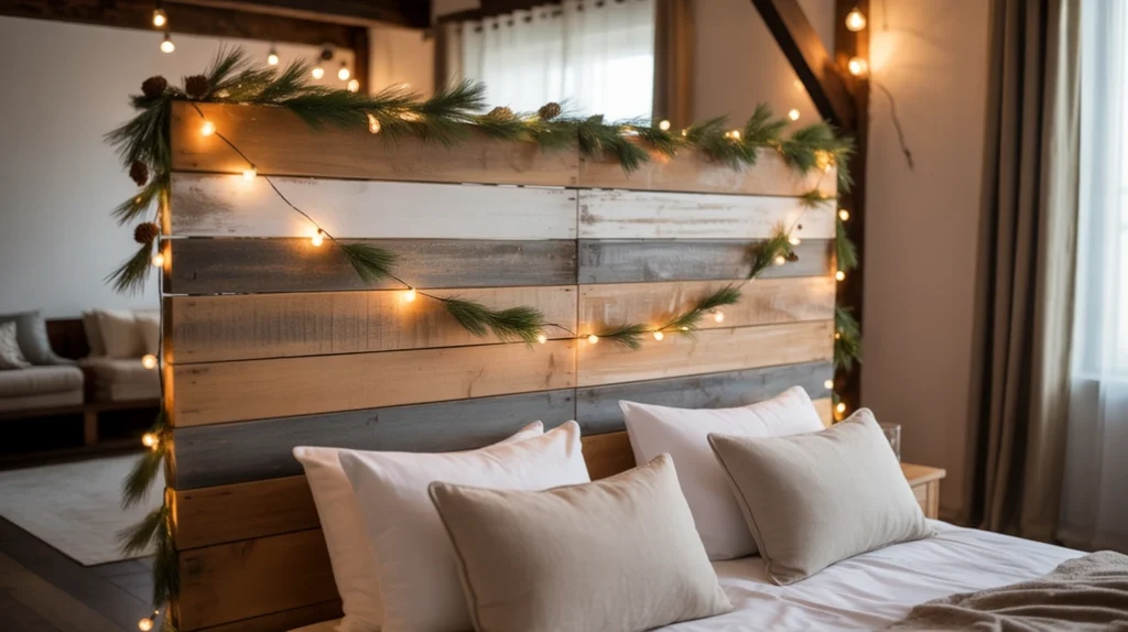 Reclaimed wooden headboard decorated with string lights and garland in rustic modern Christmas bedroom ideas