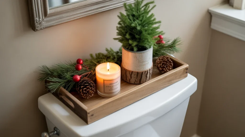 wooden vanity tray styled with greenery and candles for rustic holiday decor
