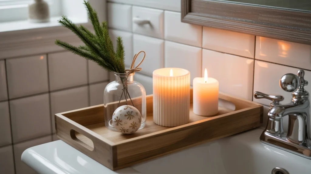 wooden vanity tray styled with holiday greenery and candle for rustic farmhouse decor
