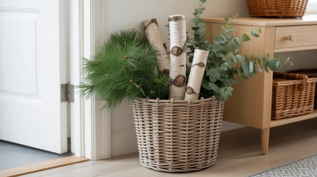 “Woven basket filled with pine branches for natural Scandinavian Christmas entryway decor”