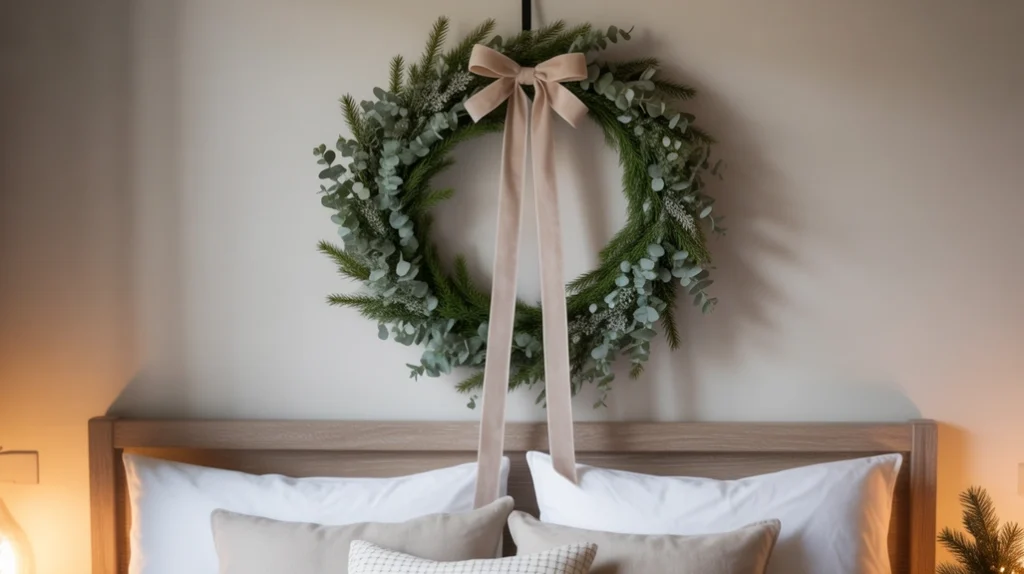 Minimalist Christmas wreath with eucalyptus and ribbon above bed in small bedroom