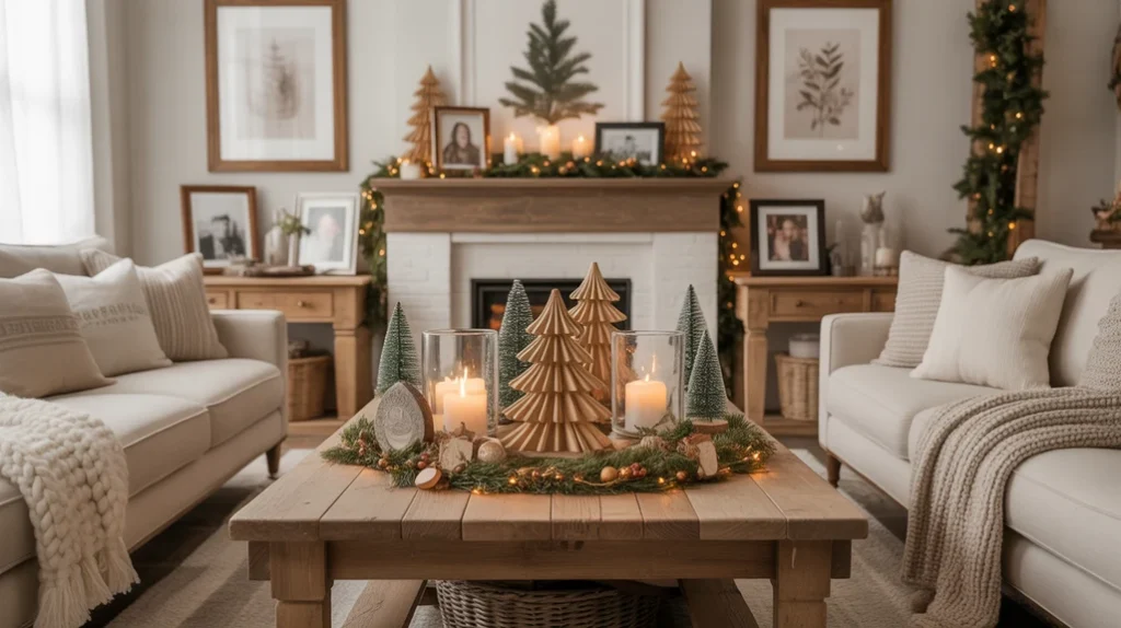 cozy Scandinavian living room with soft lighting and wooden furniture