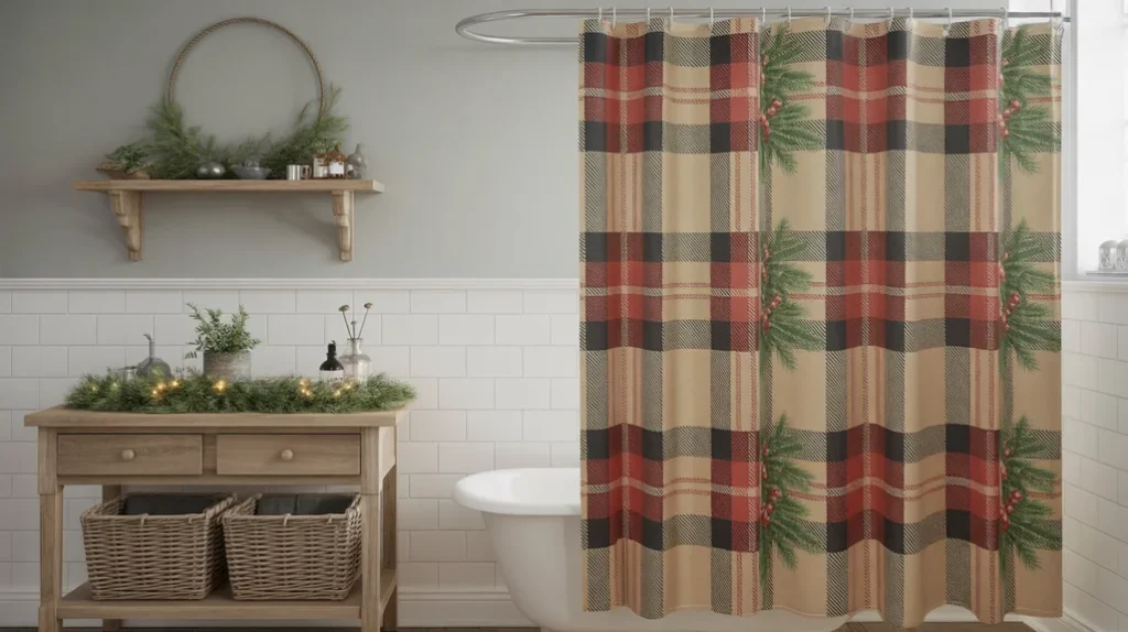 Farmhouse-style Christmas shower curtain with rustic plaid patterns in a cozy holiday bathroom.