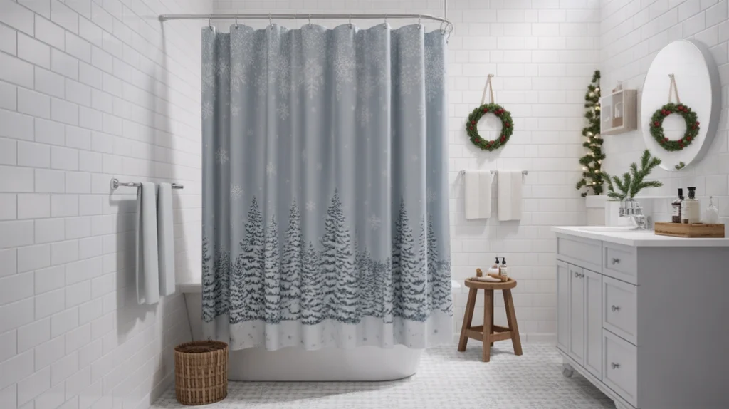 Christmas shower curtain with snowflake pattern for a festive small bathroom makeover.