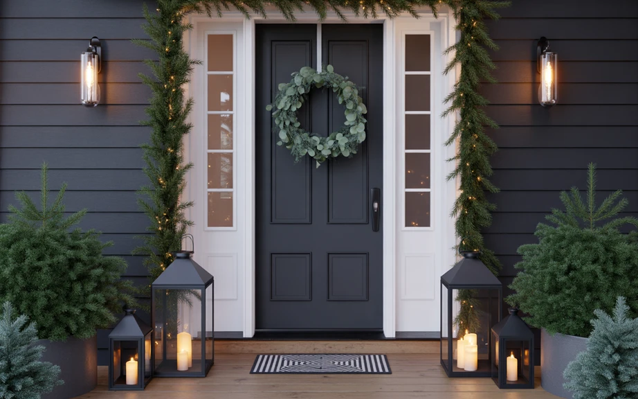 Eucalyptus Wreath with Black Metal Lanterns